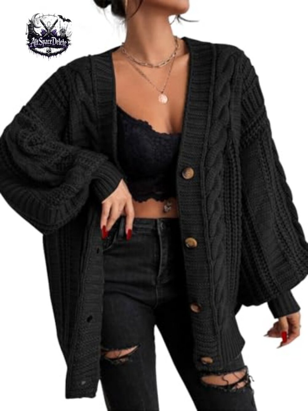 Oversized Cable Knit Cardigan Button Down V-Neck Long Sleeve Sweater